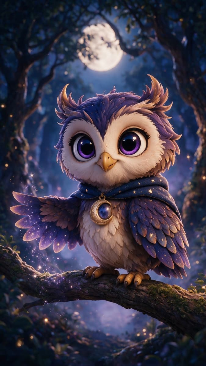 Hoot, el búho guardián de los sueños, en una rama bajo la luna